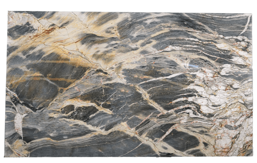 A slab of Colorado beige-grey-gold quartzite showing the subtle metamorphic banding of Western quartzite.