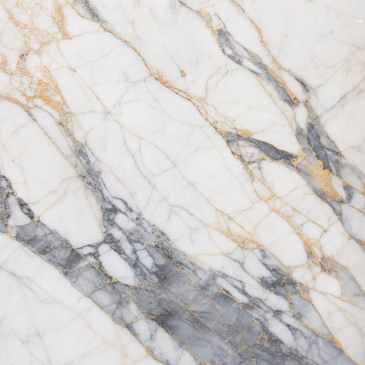 A swatch of Calacatta marble with dramatic gold and grey veining.