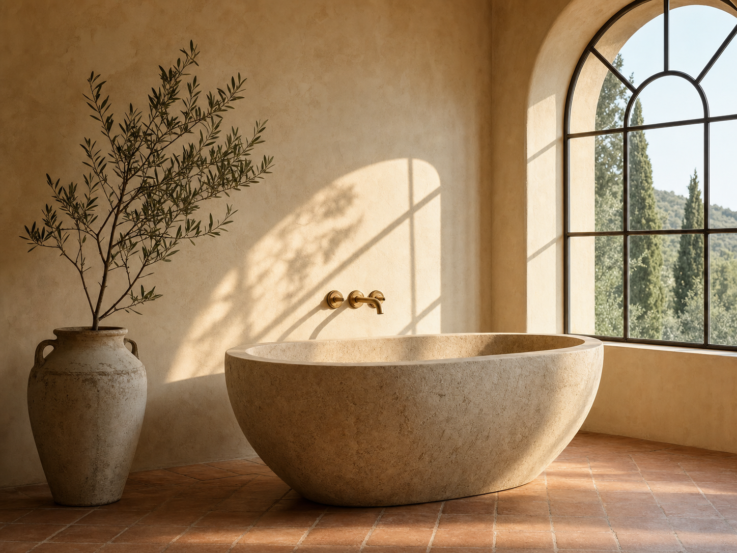 A European-inspired Florida coastal primary bath in honed white marble with a carved stone tub, arched window opening to palm and sea light, hand-troweled plaster walls, and an antique mirror