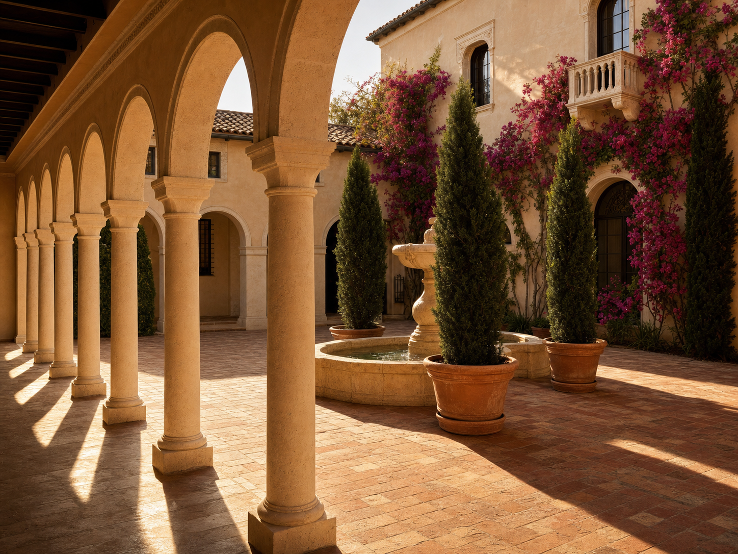 A coastal Mediterranean-style courtyard with arched stone arcade, antique pavers, citrus and olive in terracotta urns, and warm Florida coastal evening light