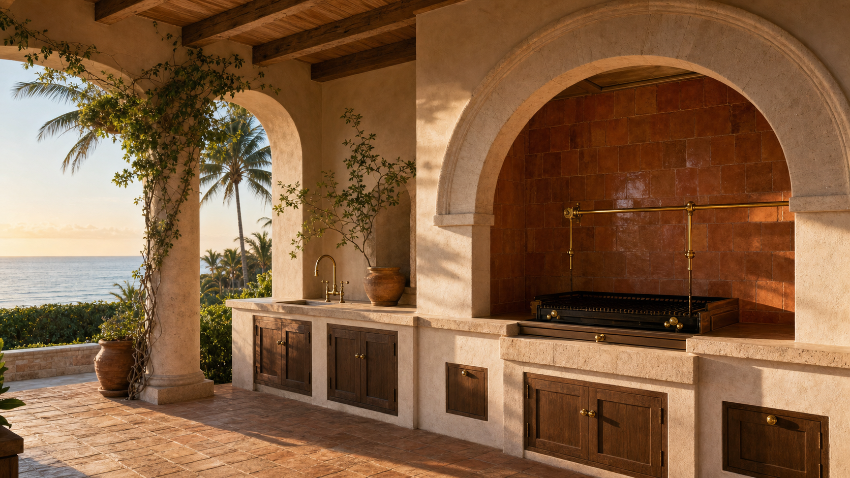 A Florida Italianate outdoor kitchen under a loggia with hand-set keystone facing, a hand-hewn timber ceiling, integrated grill, and tile-faced counters facing the pool
