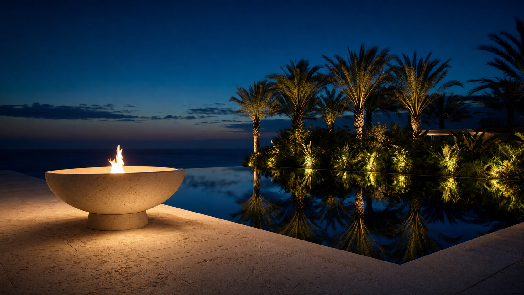 A linear stone fire feature at twilight reflected in the still surface of a dark-bottomed coastal water mirror, the Atlantic horizon line beyond