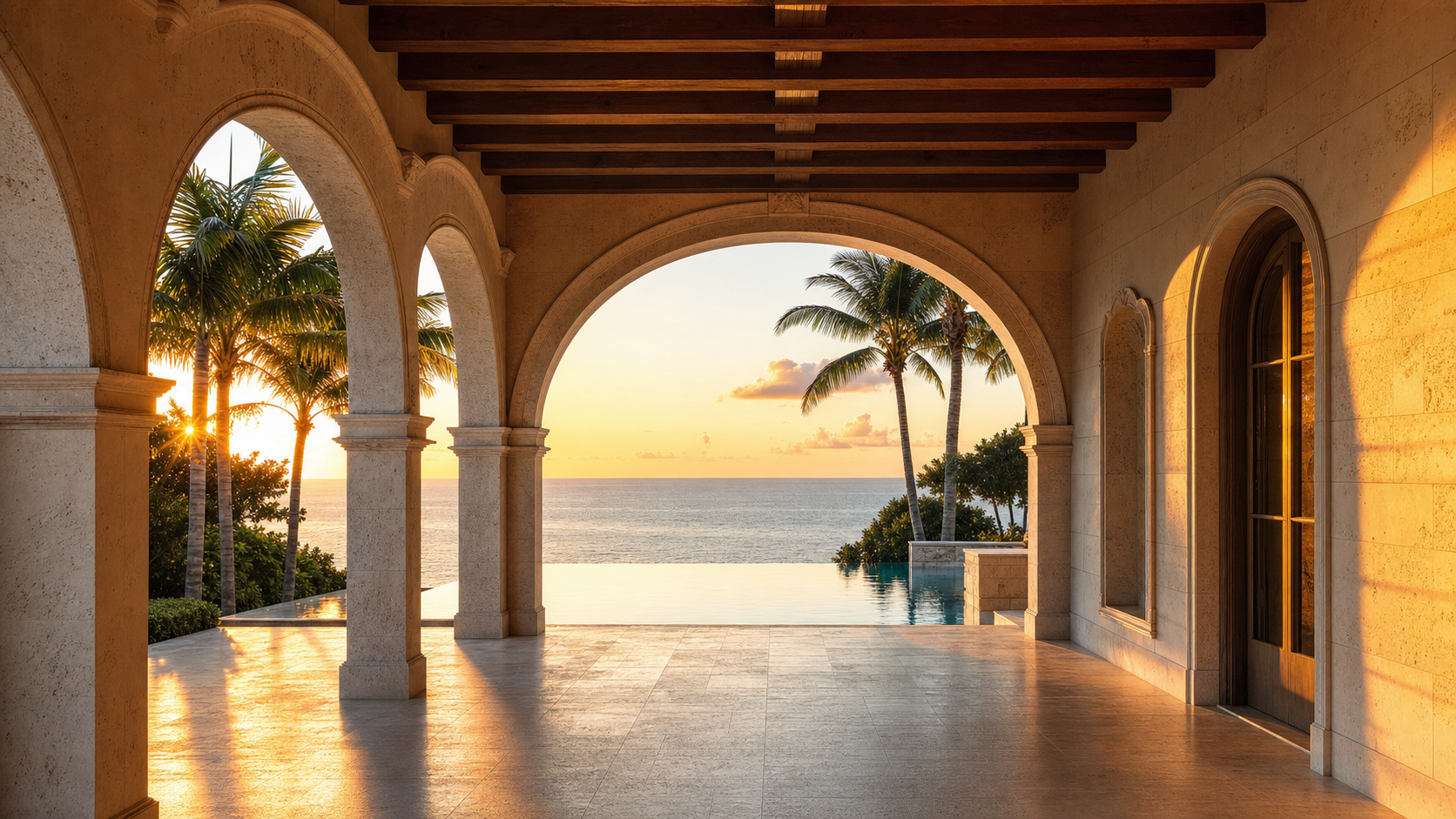 A covered Florida loggia at the magic hour with stone columns, antique limestone pavers, a long dining table, and warm coastal evening light