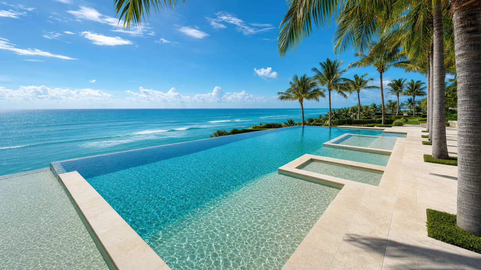 A coastal Florida pool at noon, the water bright turquoise under a high sun, ringed by honed coral-stone coping and palm shadow