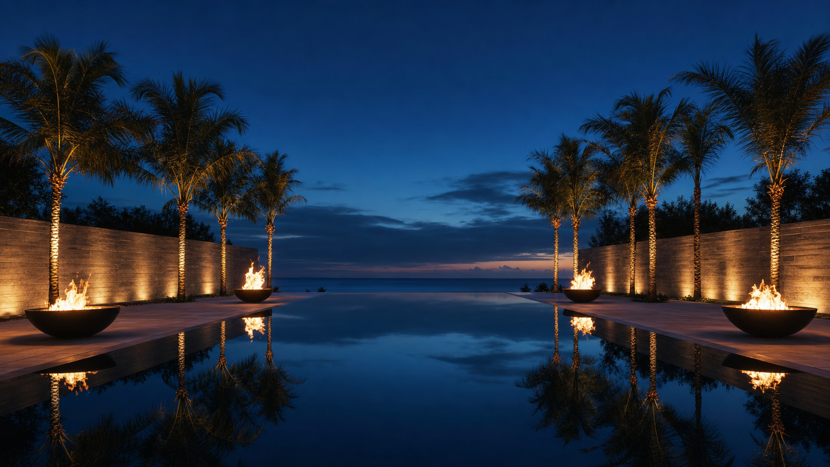 A low fire bowl burning at the edge of a still dark-bottomed pool, the water reflecting flame and a Florida dusk sky