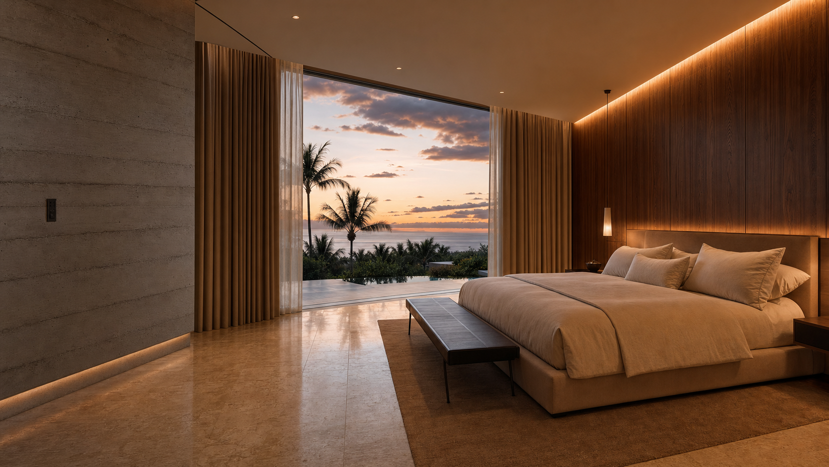 A primary bedroom waking with the household: automated shades drawing back to morning light, the floor lamps already on a soft warm glow.