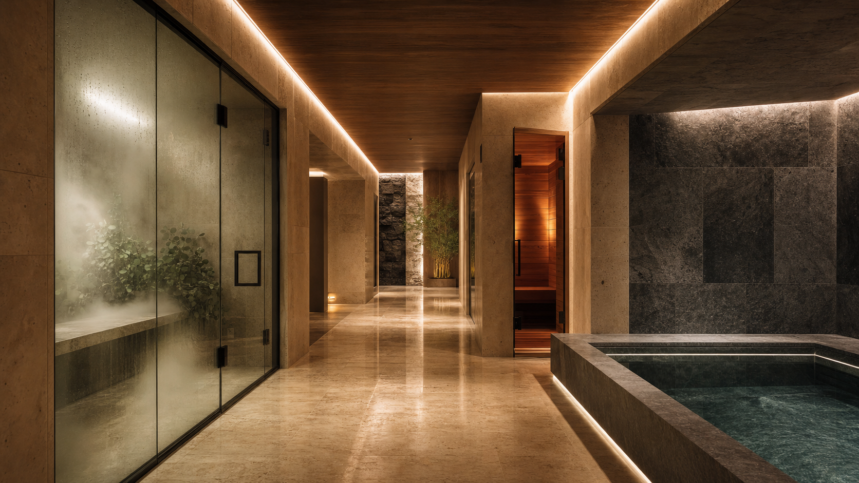 A private wellness corridor lined in cedar and stone with low warm light, a glimpse of the steam room ahead and the plunge to the side.