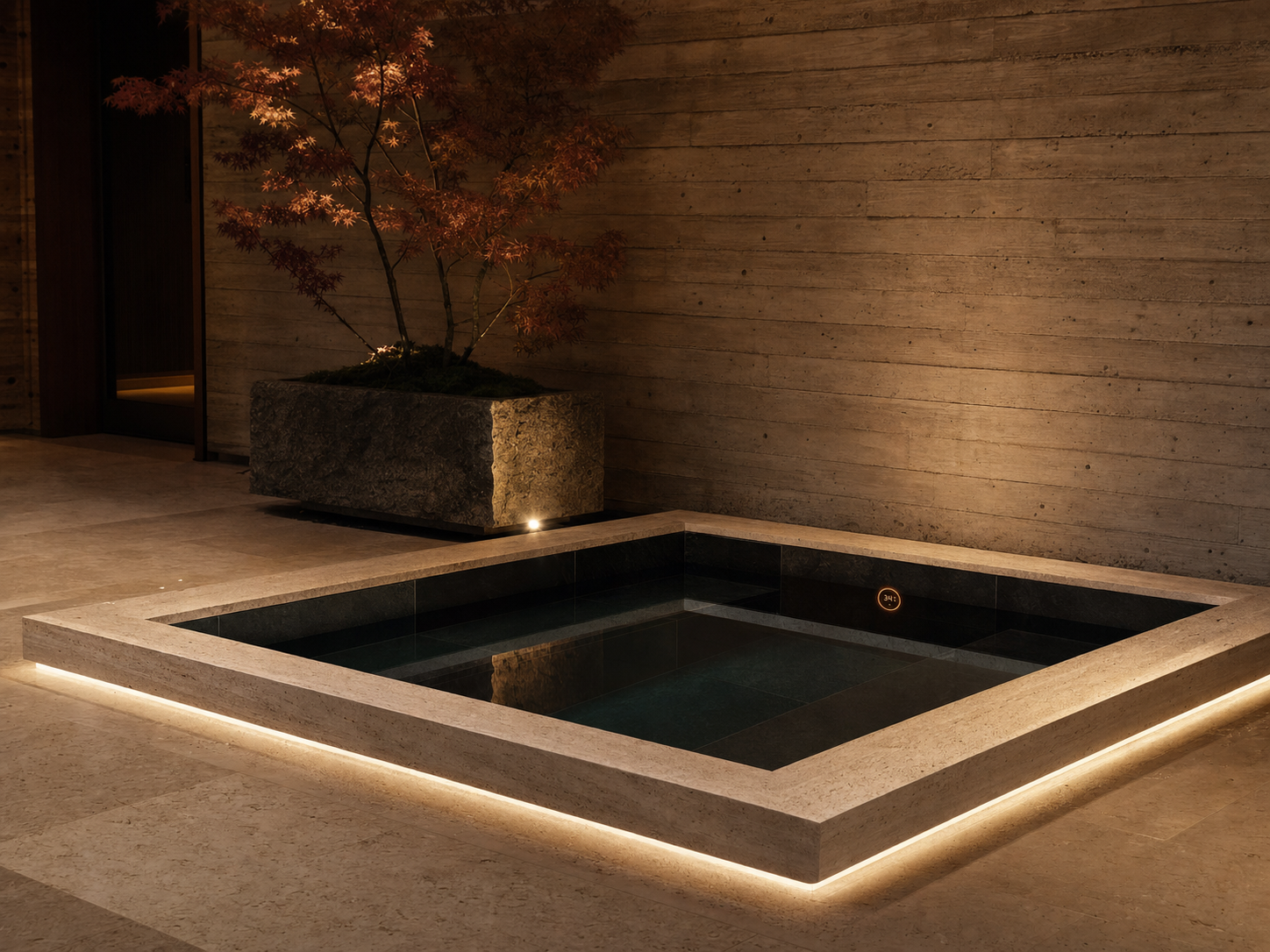 A basalt cold plunge held at 38 degrees with a clean stone surround and indirect cove lighting.