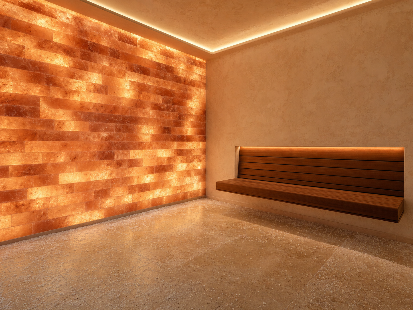 A Himalayan salt halotherapy room with a backlit pink salt-brick feature wall.
