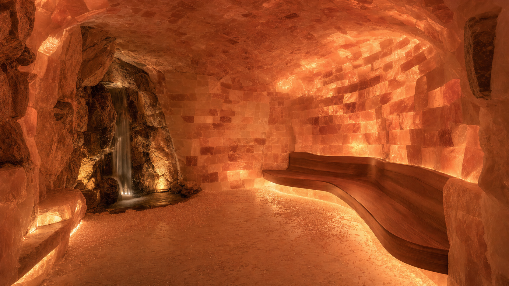 A hand-stacked Himalayan salt-brick room glowing warm from concealed backlighting, with a stone bench and a low waterfall in the corner.