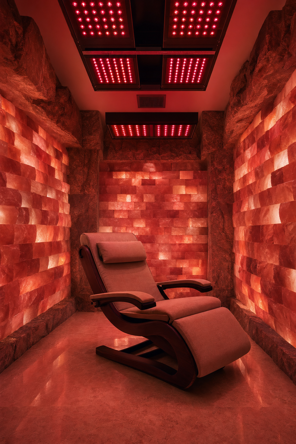 A red-light therapy panel installed in the ceiling of a salt-brick halotherapy room, casting an amber glow on the recliner below.