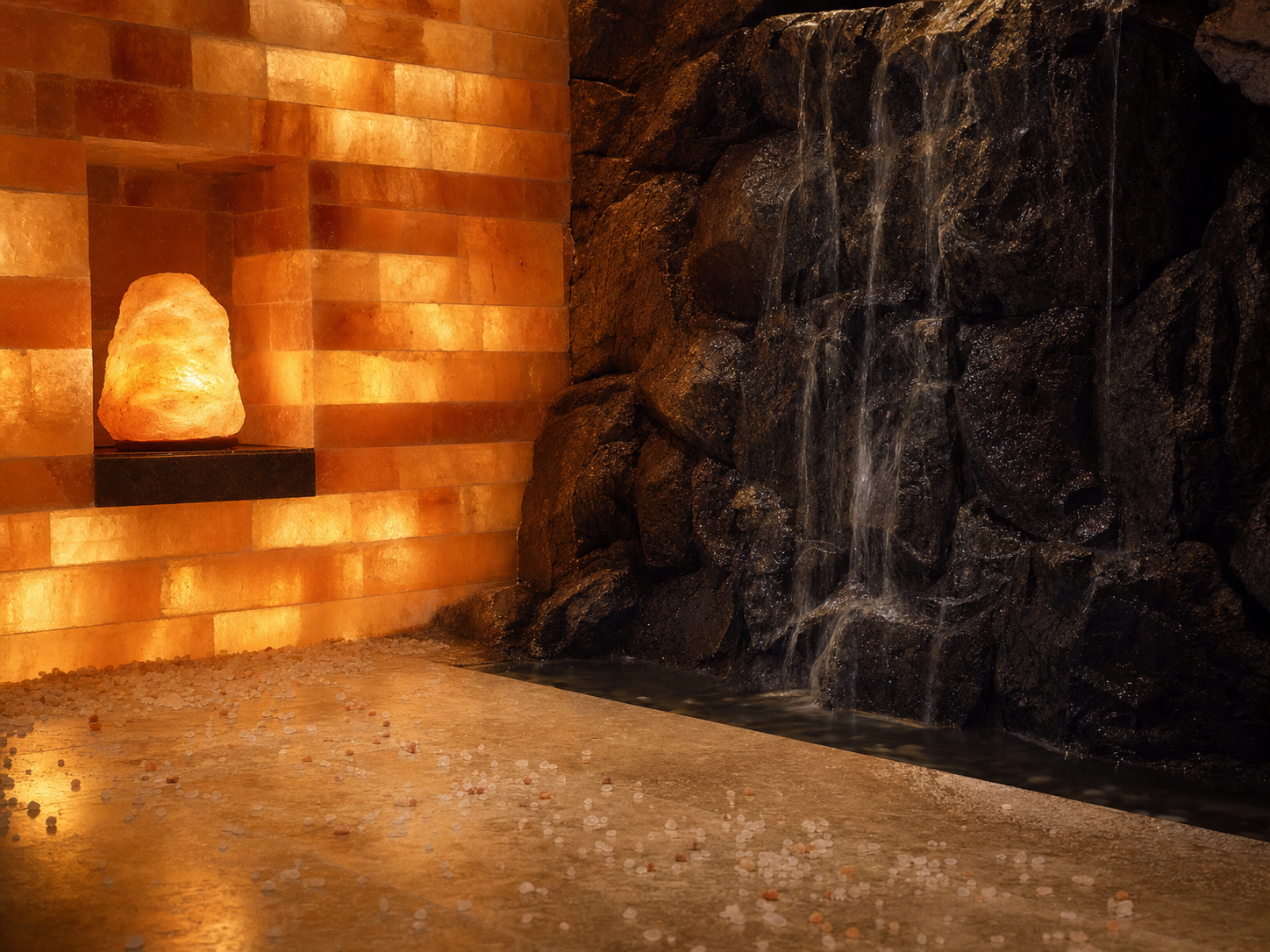A silent stone waterfall set into a salt-brick wall, water sheeting softly over honed basalt.