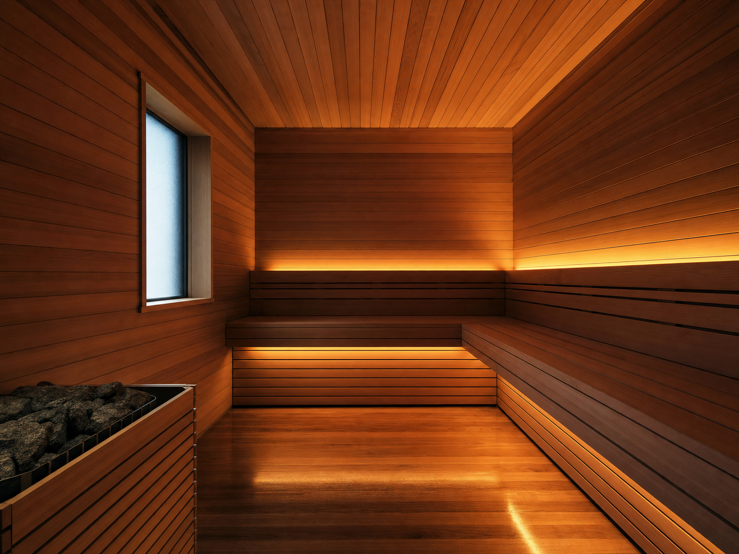 A Western red cedar infrared sauna with a chromotherapy light panel and full-height glass entry.