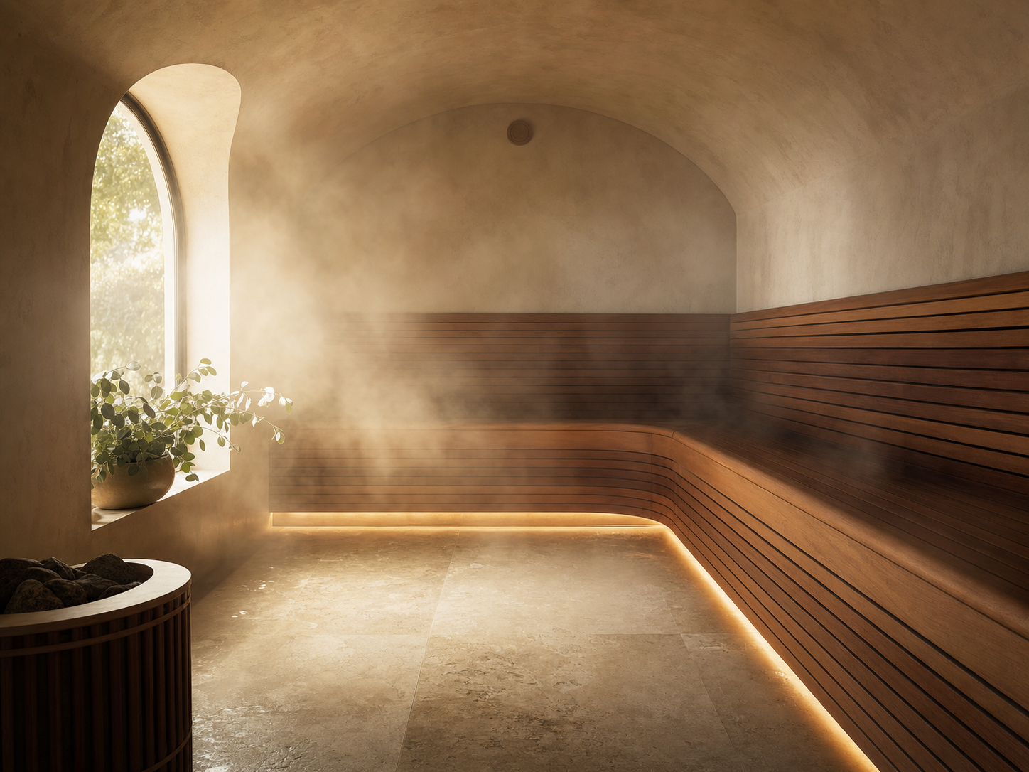 A eucalyptus steam room with backlit honed-stone walls and a teak bench.